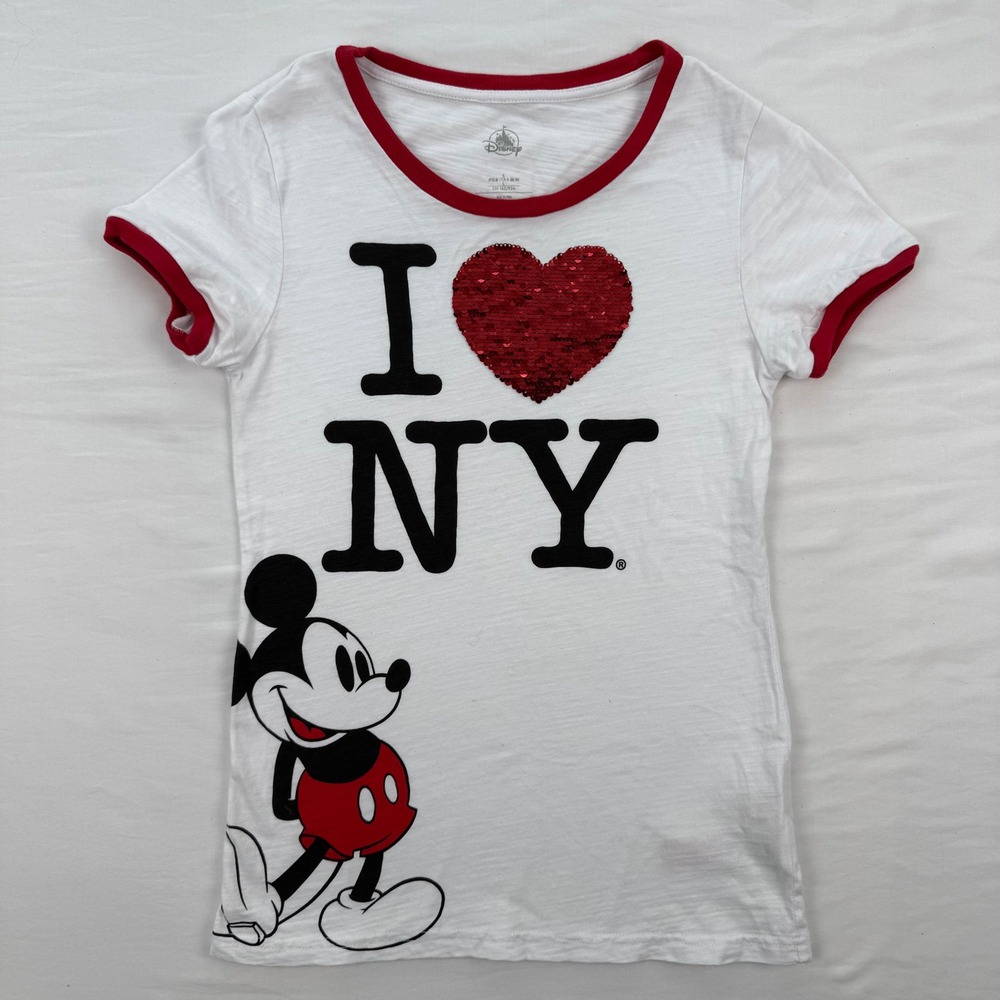 Disney Parks I Love NY Mickey Mouse Reversible Sequin Ringer Tee White Red S